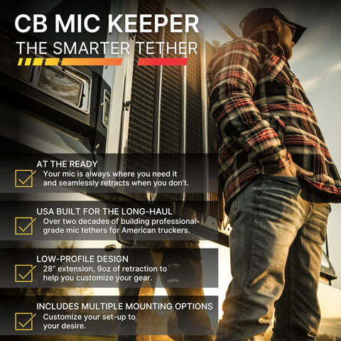 Retractable CB Radio Microphone Holder With Heavy Duty Tether Cord Keeps Your Mic Right Where You Need It On the Dash Stops That Dang Swinging For Trucks and Road Trippers, mounted on truck