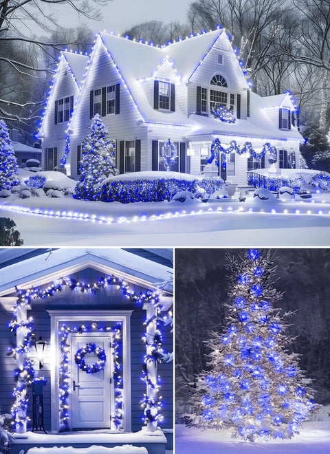 Snowflake LED String Lights 2 Pack 50ft G40 Bulbs Shatterproof Outdoor Patio Decor Cozy Vibes Warm White Yellow Glow For Patio Backyard Deck Pergola Garden Cafe Party Ambience decorating house and trees with warm lights and snowy backdrop.