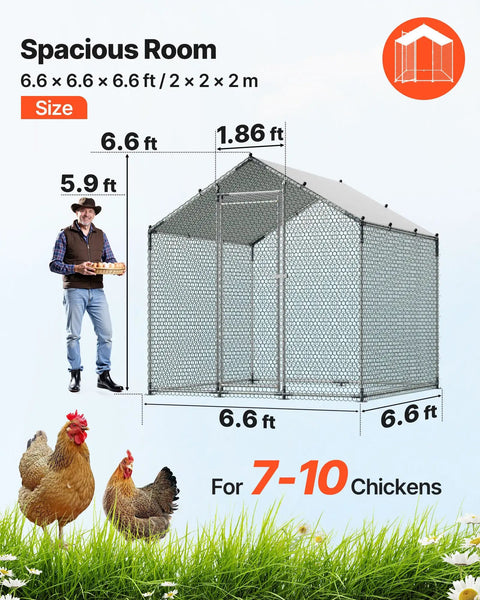 Metal Chicken Coop With Large Walk In Run And Cover, 6.56 Ft Square Spire Roof Hen House Enclosure, Security Lock, Outdoor Poultry Pen