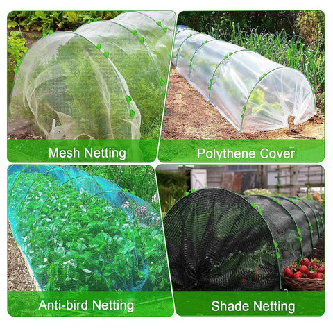 Image showing various garden nettings: mesh, polythene, anti-bird, and shade, used with Tough As Nails Heavy Duty DIY Tent Poles Telescoping Rods.