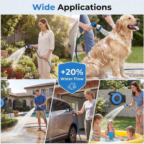Collage showcasing uses of Retractable Garden Hose Reel Wall Mount With Five Eighth Inch 90 Ft Hose on dog, car, plants, kids.