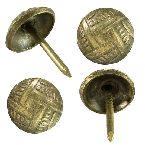 Top Shelf Vintage Upholstery Tacks 100 Pack 7/16 Inch Antique Brass Furniture Studs for reupholstering and DIY crafts. Four angles shown.