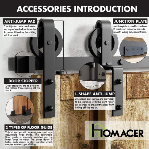 Close-up view of black rustic one track bypass sliding barn door hardware kit showing accessories and spoke wheel rollers.
