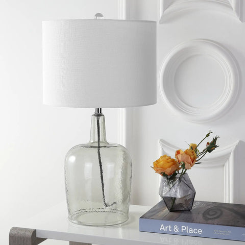 Smoked Gray Glass LED Table Lamp 26 Inches Dope Modern Look Bedside Nightstand Light For Living Room And Bedroom White Linen Drum Shade Chrome Accents LED Bulb Included ETL Listed UL Certified