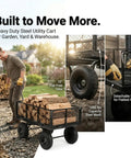 Man pulling Heavy Duty 1000 Lbs Capacity Mesh Steel Garden Cart Pullable Wagon On Wheels with wood, detachable sides shown.