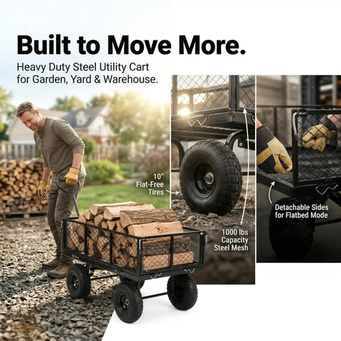 Man pulling Heavy Duty 1000 Lbs Capacity Mesh Steel Garden Cart Pullable Wagon On Wheels with wood, detachable sides shown.
