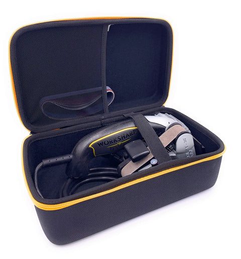 Open view of the hard storage case for Work Sharp Knife and Tool Sharpener Ken Onion Edition, showing internal mesh and strap.
