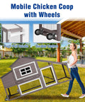 Woman moving Ultimate Chicken Coop With Run And Wheels For Outdoor Backyard Poultry Hen House, showing push-pull handle and casters