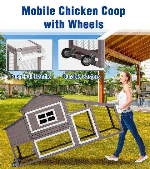 Woman moving Ultimate Chicken Coop With Run And Wheels For Outdoor Backyard Poultry Hen House, showing push-pull handle and casters