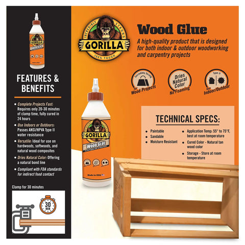 Wood Glue For Indoor And Outdoor Projects, 18 Ounce Bottle, Natural Color, 2 Pack with quick clamp time, product and wooden box