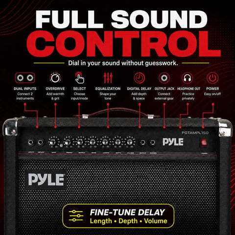 Front panel of Portable 40 Watt Electric Guitar Amplifier With Dual Inputs and 6/8in Speaker Cones showing controls and features.