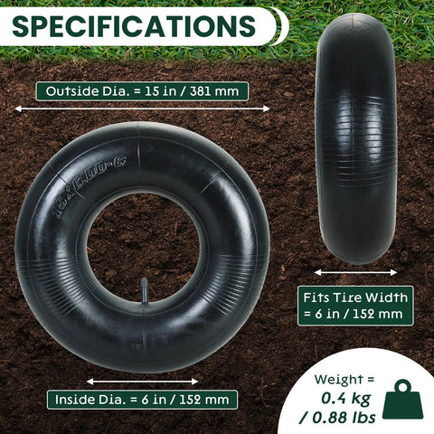 2 Pack 15x6.00-6 Inner Tubes Heavy Duty Replacement For Lawn Mowers Yard Tractors Wheelbarrows Snow Blowers ATVs Go Karts And Golf Carts With TR-13 Valve Stem showing dimensions and specs