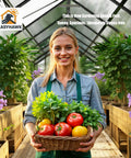Person holding vegetables inside an 8x16 Ft Aluminum Walk-In Greenhouse With Polycarbonate Panels and roof vent for gardens.