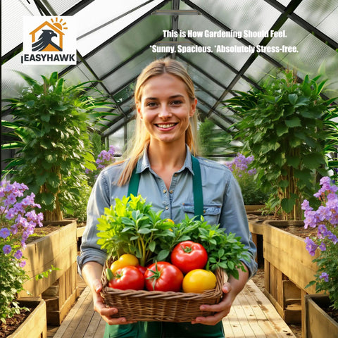 Person holding vegetables inside an 8x16 Ft Aluminum Walk-In Greenhouse With Polycarbonate Panels and roof vent for gardens.