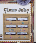 Classroom job board with flat name plates for roles like Teacher Helper, made for Home Sweet Classroom Flat Name Plates 36 Pack.