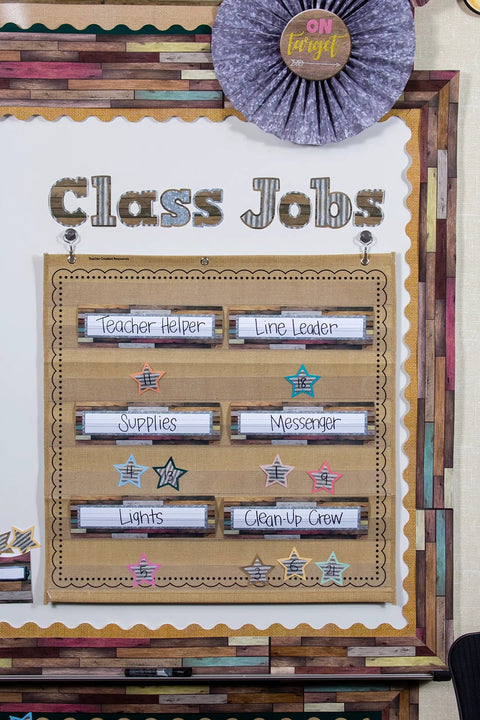 Classroom job board with flat name plates for roles like Teacher Helper, made for Home Sweet Classroom Flat Name Plates 36 Pack.