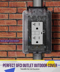 Installed weatherproof outdoor outlet box with three quarter inch threaded holes, one gang metal electrical box.