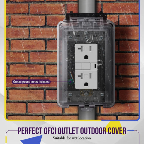 Installed weatherproof outdoor outlet box with three quarter inch threaded holes, one gang metal electrical box.