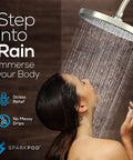 Person enjoying the 10 Inch Rain Shower Head With Ceiling Or Wall Mount, Ultra Wide Rainfall Coverage, Midnight Black Matte Finish