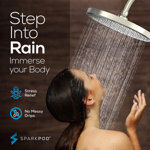 Person enjoying the 10 Inch Rain Shower Head With Ceiling Or Wall Mount, Ultra Wide Rainfall Coverage, Midnight Black Matte Finish