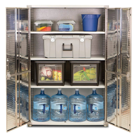Lockable Solid Steel Storage Cabinet With Adjustable Shelves For Garage Warehouse Office And Classroom 48 W X 24 D X 72 H Built Tough For Everyday Use With Stainless Doors showing interior storage with various items organized on shelves.