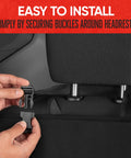 Waterproof Neoprene Rear Bench Seat Cover For Cars Trucks SUVs And Vans 100 Percent Back Seat Protector Against Spills Messes Dog Hair Mud And Kids Universal Fit installation detail showing buckle attachment