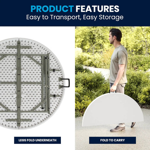 Grab And Go Ready 4 Foot Round Folding Plastic Table With Carrying Handle for indoor and outdoor events, folded view with person carrying.