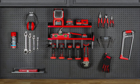 Heavy Duty Wall Mounted Power Tool Organizer With Drill Holder, Garage Storage Rack, red, holds tools and accessories neatly
