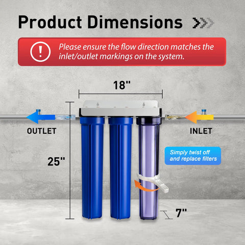 Product dimensions illustration of Heavy Hitter Whole House Water Filter Knocks Out 99 Percent Chlorine Grime And Rust With Three Stage Filtration.