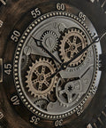 Close-up of Killer Twenty Four Inch Oversized Wall Clock Featuring Real Moving Gears with distressed antique gold dial.