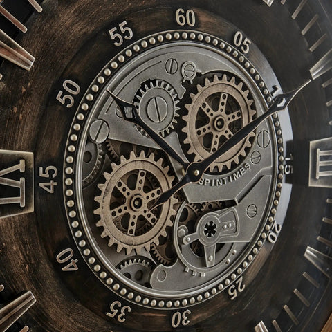 Close-up of Killer Twenty Four Inch Oversized Wall Clock Featuring Real Moving Gears with distressed antique gold dial.