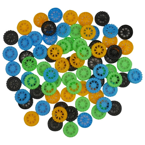 Assorted colorful plastic wheels from Bulk 100 Plastic Wheels And 50 Steel Axles Set For STEM Projects And DIY Cars And Crafts A Real Go To Kit