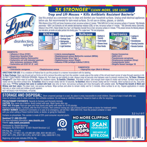 Back label of Lysol disinfecting wipes package with usage instructions and list of viruses and bacteria it kills.