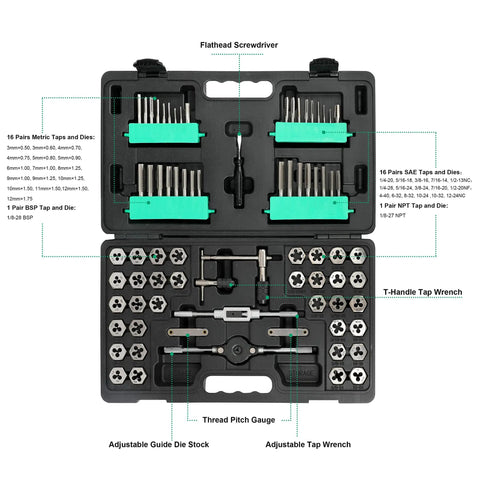 Pro Grade 75 Piece Tap And Die Set For Quick Thread Cutting And Hole Making With 7 Drive Tools And Accessories, storage case open