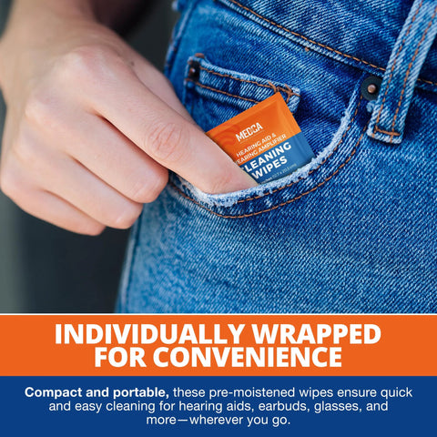Hearing aid cleaning wipes packet in a denim pocket with orange and blue wrapper