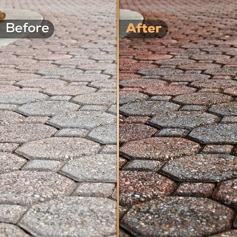 Five Gallon Clear Acrylic Paver Sealer Gives Concrete A Straight Up High Gloss Wet Look With Professional Grade Color Enhancing Formula That Dries Fast On Driveways Patios And Walkways For A Legit Pro Shine, before and after transformation of paver stones.
