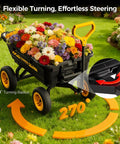 No Flat 10 Inch Tires Garden Dump Cart Beefy Heavy Duty with flowers showcases 270-degree turning, all terrain utility wagon.