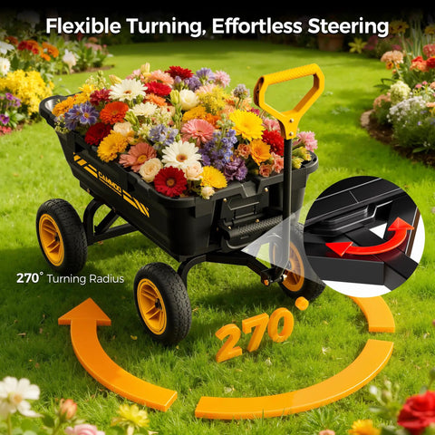 No Flat 10 Inch Tires Garden Dump Cart Beefy Heavy Duty with flowers showcases 270-degree turning, all terrain utility wagon.