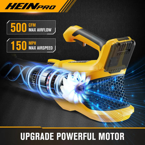 Powerful Cordless Leaf Blower For DeWalt 20V Max Battery, 500 CFM 150 MPH, close-up of motor detailing and speed features