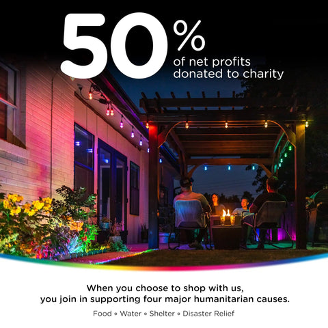 Outdoor evening scene with Vintage Outdoor String Lights 24ft With 12 RGB Acrylic Bulbs illuminating a backyard, from image showing 50% charity donation text.