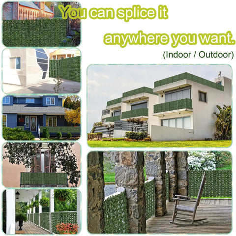 Artificial Ivy Privacy Fence Screen 128 By 48 Inches UV Resistant Faux Hedge Wall installed on various outdoor structures.