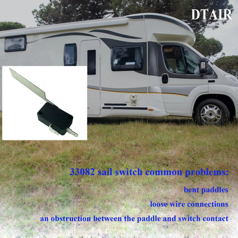 33082 Sail Switch Replacement Kit for Dometic Atwood RV Furnaces shown next to RV on grass, highlighting common problems.