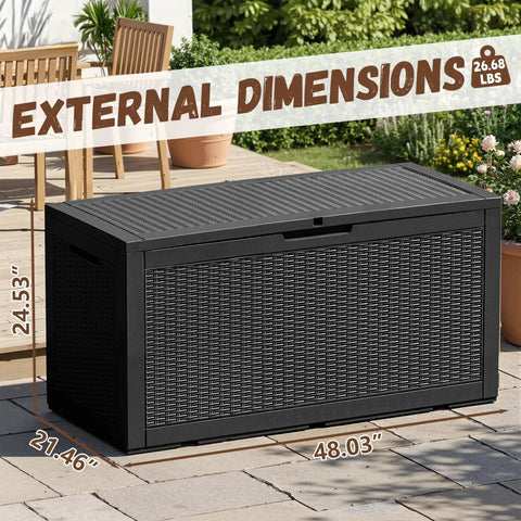 100 Gallon Outdoor Storage Box With Lockable Lid And Hydraulic Struts Resin Deck Box For Toys Cushions And Garden Gear Waterproof Rattan Style Patio Box For Outside Backyard And Pool Area on patio