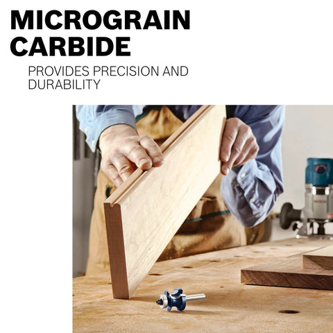 Top Tier Two Point Five Inch Carbide Tipped Ogee Raised Panel Router Bit Built Like A Tank For Router Tables With Smooth Ball Bearing Pilot And Ridiculously Clean Cuts in use with wood panel.