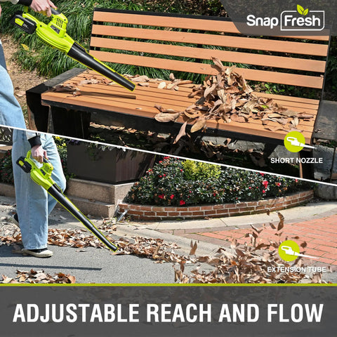 Person using 20V Cordless Leaf Blower With 2Ah Battery And Fast Charger Lightweight 2.7 Lb on leaves with extension tube and short nozzle.