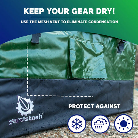 Close-up of 76 Gallon Waterproof Outdoor Deck Box With Tough Tarpaulin Cover showing mesh vent, logo, and protection icons.