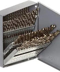 550 Heavy-Duty Cobalt Jobber Drill Bit Set 60 Piece Sizes 1 To 60 Self-Centering With Gold Oxide Finish in open metal case