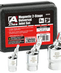 Magnetic 2-Stage Universal Joint Set For One Quarter, Three Eighths, And One Half Inch Drive Sockets - 3-Piece Swivel Adapters With Quick Switch Ball Spring Design, Durable Case, Perfect For Tight Spots And Hard-To-Reach Fasteners, with case and 1/4, 3/8, 1/2 sizes