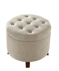 Round Storage Ottoman Foot Rest With Hidden Compartment, Button Tufted Upholstered Stool In Linen Beige, 20 By 17 Inches