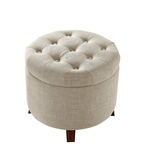 Round Storage Ottoman Foot Rest With Hidden Compartment, Button Tufted Upholstered Stool In Linen Beige, 20 By 17 Inches